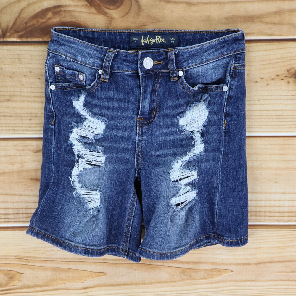 Indigo Rein Jean Shorts Juniors Sz 3 Blue Dark‎ Wash Distressed Stretch Mid Rise